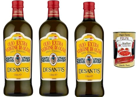 Italian Gourmet DeSantis Huile d’olive extra vierge 100% Italiano, 3 x 1 L – goût fruité, pression à froid, cuisine méditerranéenne, assaisonnement & cuisson + Italian Gourmet Polpa