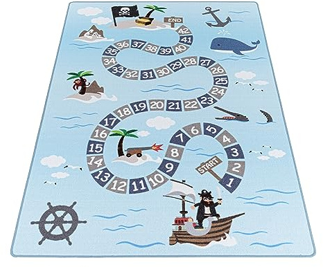 KADIMA DESIGN Spielteppich Piraten-Design Blau 160x230 cm Schadstoffgeprüft Pflegeleicht Waschbar Strapazierfähig Langlebig Kinderzimmer Spielzimmer Fußbodenheizung geeignet | TRAUN