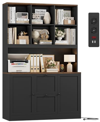 FirFurd Bücherregal Bücherschrank mit 2 Türen 2 Schubladen Steckdosenleiste | Aktenschrank, Mehrzweckschrank, Hängeregistratur für Dokumente in DIN A4- und Letter-Format, 116x40x182cm