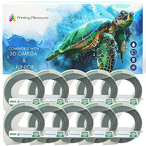 10er Pack Selbstklebenden Etiketten 3D weiß auf grün Prägeband 9mm x 3m, Kunststoff, kompatibel für DYMO Omega und Junior Etikettenprägegerät