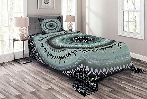 ABAKUHAUS Mandala Tagesdecke Set, Vintage Mandala Kreise, Set mit Kissenbezügen Waschbar, für Einselbetten 170 x 220 cm, Schwarz Blau