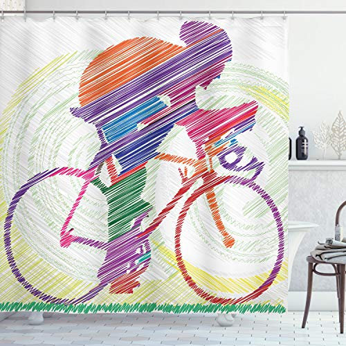 ABAKUHAUS Modern Duschvorhang, Radfahren Man on Bike, Stoffliches Gewebe Badezimmerdekorationsset mit Haken, 175 x 180 cm, Lila Mehrfarbig