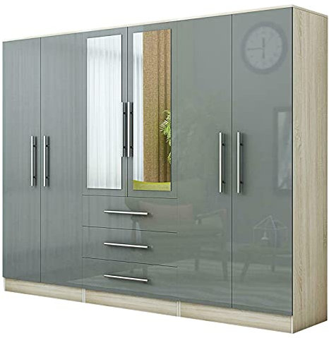 Unique Furnishings Gloss Grey Large Wardrobe - 6 Door 3 Drawers & Long Mirror