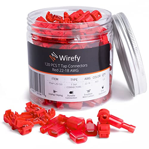 Wirefy 120 PZ Morsetti Elettrici T Tap - Giunti Connettori Cavi - Terminali Maschio Isolati a Innesto Rapido - Rosso 0,34-0,75 mm²