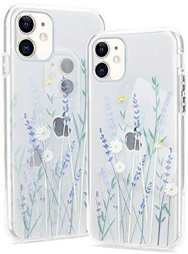 Pepmune Kompatibel mit iPhone 12/iPhone 12 Pro Hülle Blumen Muster Transparent Handyhülle Durchsichtig Weich Silikon TPU Bumper Schutzhülle Case Cover für iPhone 12/iPhone 12 Pro, Lila