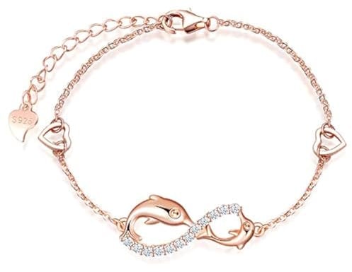 MicLee Bracelet de femme fille, bracelet en Argent 925, bracelet de symbole infini et de dauphin, avec le cœur creux, Zircon incrusté, Chaîne ajustable, bracelet de thème animal