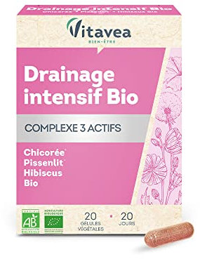 Vitavea - Drainage Intensif Bio - Complément Alimentaire Ventre plat, Minceur - Draineur, Elimination des Toxines - Chicorée Pissenlit Hibiscus - 20 gélules - Cure 20 jours - Fabriqué en France