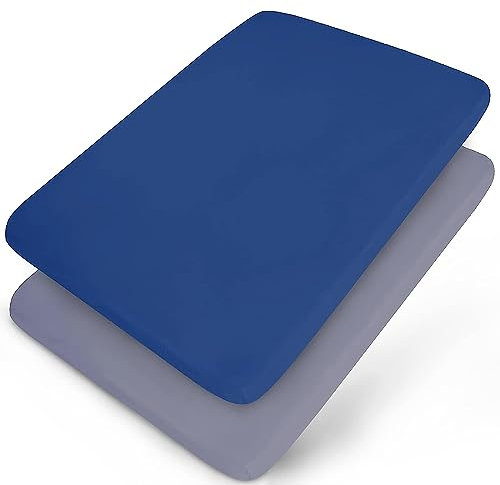 Reisebett-Spannbetttuch, 2 Stück, tragbares Spiel-, Mini-Kinderbett-Spannbetttuch, ultraweiche Mikrofaser, Pack n Play Sheets oder Laufgitter-Blätter für Baby, Marineblau & Grau, sanforisiert