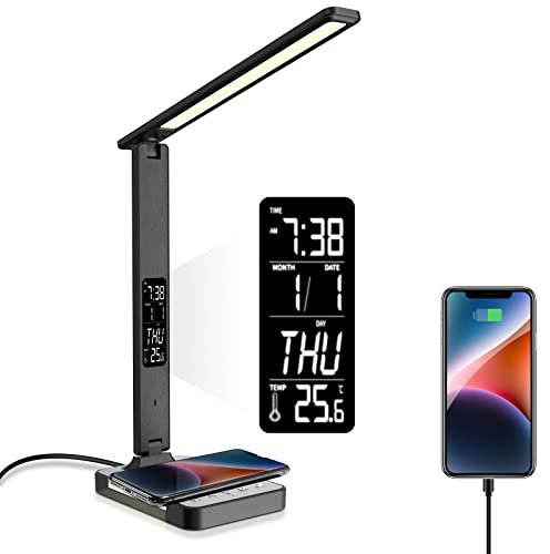 poukaran LED-Schreibtischlampe mit kabellosem Laden, 5 einstellbare Lichtquellen und 5 Stufen der Helligkeitsanpassung, Schreibtischlampe mit Nachtlichtfunktion, Schwarz