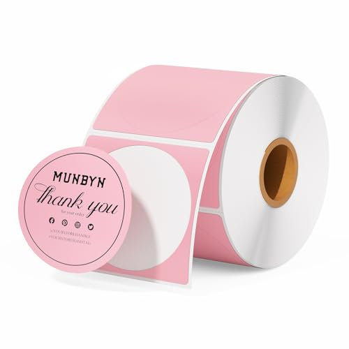 MUNBYN Runde Etiketten Selbstklebend 50x50mm Rolle-Versandetiketten 750 Etiketten Kreis Thermodirekt Etiketten für DIY-Logo-Design QR-Code Namensschild Adressetiketten Haushaltsetiketten Rosa