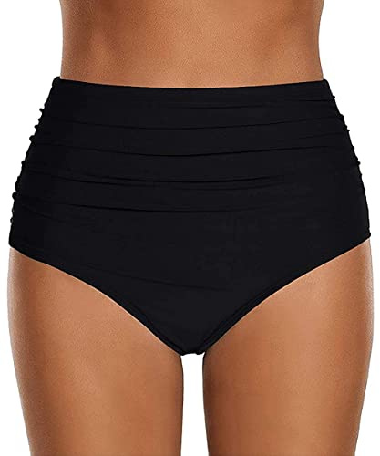 ABINGOO Damen Bikinihose Badeanzug Elastischer Bauchweg High Waist Badehose | Schwarz Strand Badeshorts Abdominal Ruched Badehose Klassische Bikinihosen für Mädchen Teenager Frauen