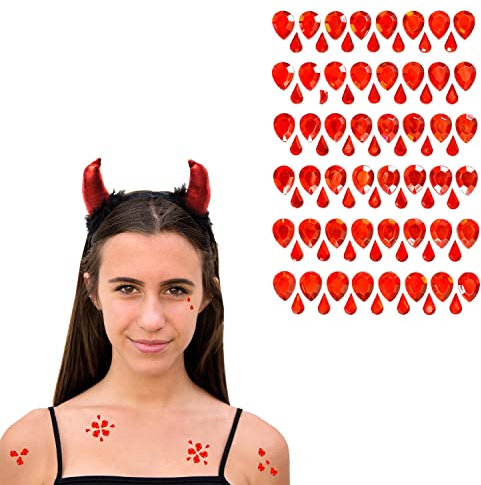 Oblique Unique® Teufel Hexe Kostüm Accessoire Set für Damen - Hörner Haarreifen + Tropfen Steine Sticker Aufkleber für Halloween Fasching Karneval Party