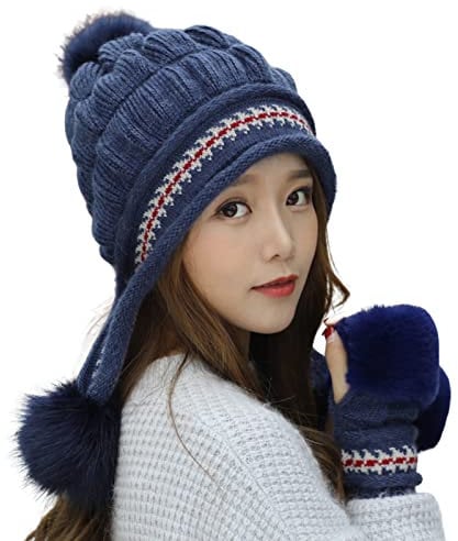 Wollgarn-Handschuhe, verdickt, hält warm, läuft nicht ein, gestrickt, Wollgarn, Mützen, Fäustlinge, Kit, kompatibel mit Outdoor, Marineblau