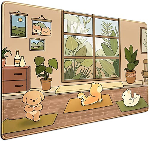 LuckyCow Niedliche Kawaii-Schreibtischunterlage, Cartoon-Anime-Mauspad, XXL, Gaming-Mauspad, Hasenbär, Hunde, Yoga, Hauspflanzen, Tastatur, Mauspad, Laptop, 80x40 cm, Gummi