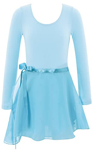 iEFiEL Kinder Ballettkleidung Langarm Ballettanzug mit Chiffon Ballett Wickelrock Ballett Trikot Body Training Tanz Gymnastikanzug Set Hell Blau A 134-140/9-10 Jahre