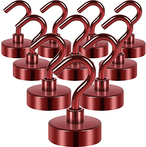 Neosmuk Magnethaken, robuste Erdmagnete mit Haken für Kühlschrank, extra starker Kreuzfahrthaken zum Aufhängen, magnetischer Aufhänger für Kabinen, Grill (Rot, 10 Stück)
