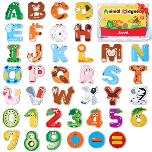 JoyCat Wooden Alphabet & Number Magnets for Toddlers Animal Colorful ABC | Magnetic Letters 26 Uppercase Letters 0-9 Numbers Toy Set for Kids Toddlers Preschool Learning Spelling Counting