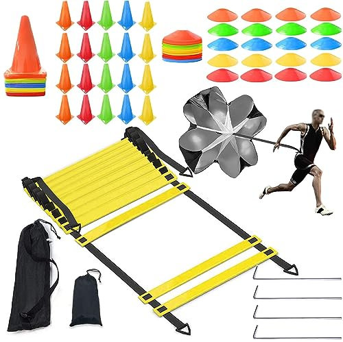 niuniaj Football Speed Agility Training Set,Agility Ladder-6m,Football Cones,Cone Marking Disc,Resistance Running Parachute,Football Training Equipment Footwork Drills for Kids and Adults