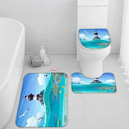 RLYXGS Leuchtturm Badematten Set 3D Nautischer Cartoon rutschfest Absorbierend Flanell Badezimmerteppich 3-teiliges 50x80cm Waschbar Badteppich Weich Saugfähige Badvorleger mit WC Deckelbezug