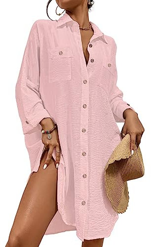 Bsubseach Modern Swimsuit Coverups for Women Button Down Beach Shirt Dress Tops Resort Wear Pink XL
