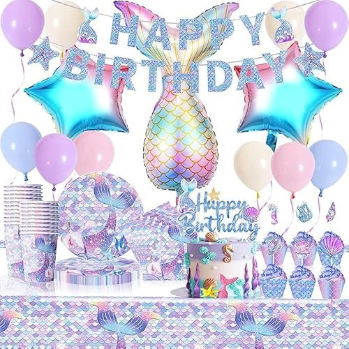 Juego de vajilla de sirena para 20 invitados, accesorios de fiesta para niñas, decoración de mesa de cumpleaños, sirena, plato, taza, mantel, globo, pancarta, pastel