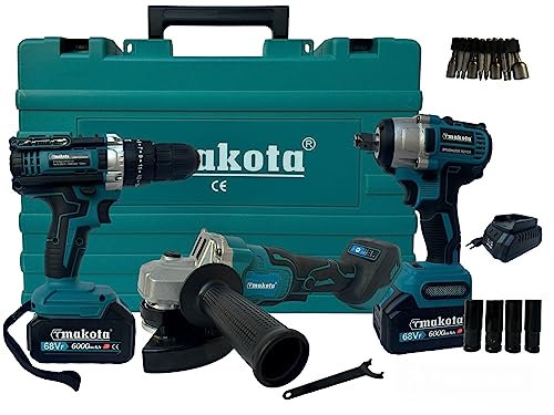 Kit 3 in 1 Trapano avvitatore con percussione + Flex Smerigliatrice Angolare + Svitabulloni Avvitatore ad impulsi due batterie incluse 68V con Motore Brushless e Valigetta
