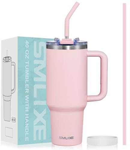 SMLIXE Bicchiere da 1,18 l, con manico e coperchio con cannuccia, isolante, riutilizzabile, in acciaio inox, tazza da viaggio, adatta per portabicchieri, a doppia parete, sottovuoto, colore rosa