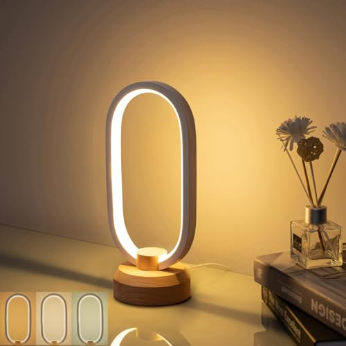 BASRAE Klein Nachttischlampe LED Tischlampe mit 3 Farbtemperaturen,Moderne Oval Tischleuchte Weiß,Dimmbare Lampe Schlafzimmer Wohnzimmer Kinderzimmer,Holz Warmes Licht mit Kabel,Helligkeitsstufe 5