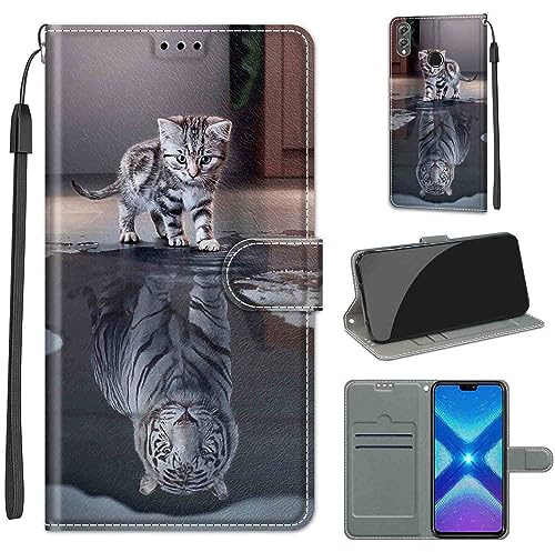 Handyhülle für Huawei Honor 8X Klapphülle Leder Wallet Tiger | Premium Klappbar Ledertasche mit Magnetverschluss, Kartenfächern & Standfunktion, robuste Schutzhülle für Huawei Honor 8X
