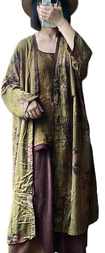 NFYM Women Lightweight Kimono Jacket Cotton Yarn Printed Tie Up Vintage Loose Cardigan Open Front Trench Coat Outerwear, Green, One Size