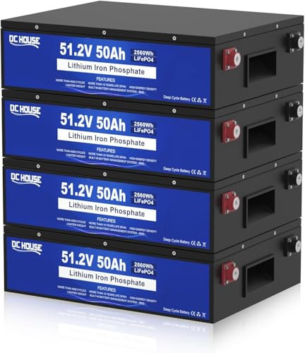 DCHOUSE 48V 50Ah LiFePO4 Golf Cart Batteria,48V 200Ah(4 Pack 50AH), Built-in 50A Sistema di gestione della batteria, Perfetto per tosaerba, camper, kit solare, E-Scooter, campeggio