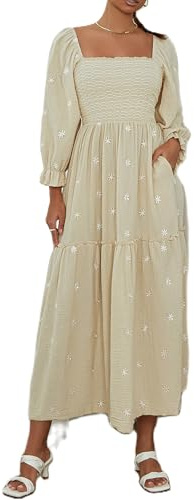 Acrawnni Women's Flower Embroidered Maxi Dress Long Puff Sleeve Square Neck Smocked Tiered Bohemian Flowy Dress Beach Long Dress