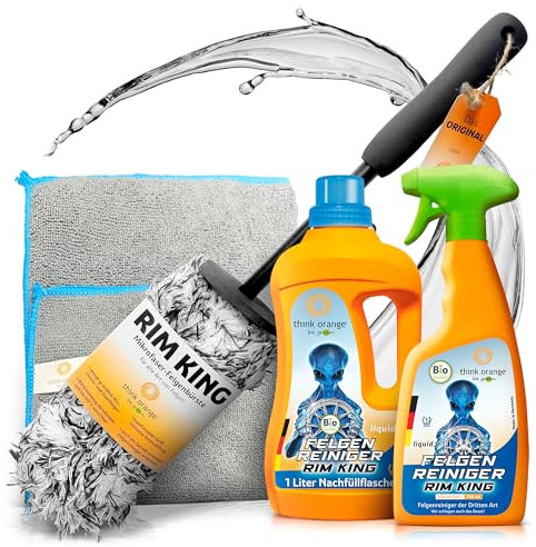TOBG® Felgenreinigung-Set [inkl. Felgenreiniger 750ml, weicher Felgenbürste, Nachfüllflasche 1L & Mikrofasertuch] - Für Stahlfelgen & Alufelgen - Effektiv gegen Bremsstaub - Made in Germany