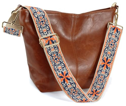 Huwzder Hobo Bags Umhängetasche aus veganem Leder, Gitarrengurt, Schultertaschen mit Reißverschluss, Handtaschen für Damen, Braun 2, Umhängetasche