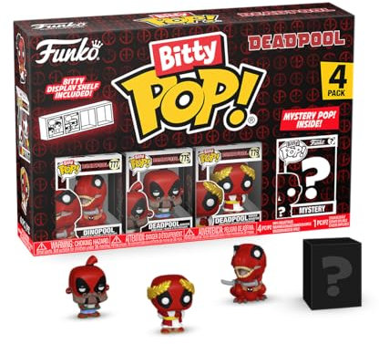 Funko Pop! Dinopool, Deadpool (Barista), Deadpool (Roman Senator), and Mystery Figure - 0.9 Inch Collectable With Stackable Display Shelf