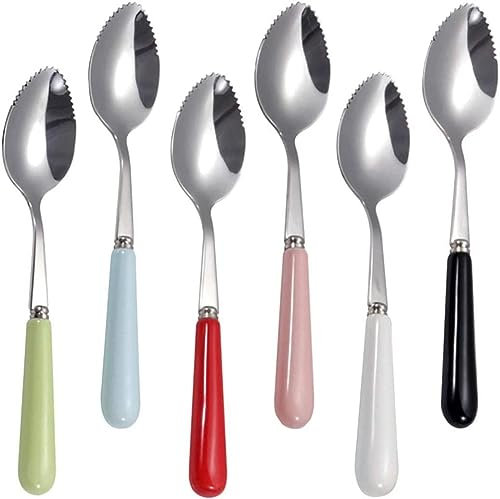 Set di 6 cucchiai per pompelmo con bordi seghettati rotondi, cucchiaio seghettato in acciaio inox con manico in ceramica multicolore, kiwi, mela, agrumi, set di cucchiai da dessert