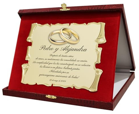 Placa Personalizada de Aniversario de Bodas | Cofre con pergamino Dorado Grabado | Placa Personalizable para Boda de Plata, Oro, Diamante y Otros