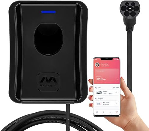 Masterplug Smart EV Home Wall Charger for Type 2 Electric and Plug-In Hybrid Vehicles, Tethered with 5m Cable, Mode 3, App Control, Solar Charging, Single Phase, Black, IP55, 7.4kW, 32A, EVCM3ST7B-MP