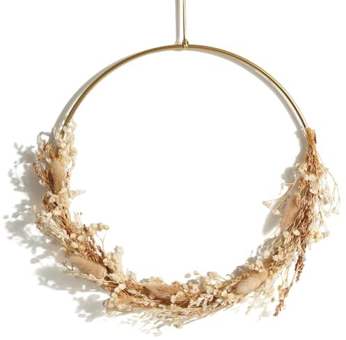 JUJOYBD Trockenblumen Kranz 30 cm - Boho Frühling Sommer Blumenkranz auf Metallring, Hängende Deko für Tür, Wand & Fenster, Naturdeko für Wohnzimmer & Innenbereich