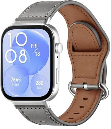 MiRowy Leder Armband für Huawei Watch Fit 4 Pro/4/3, Metallschnalle Atmungsaktiv Uhrenarmband, Lederband Ersatzbänder für Huawei Watch Fit 4 Pro/4/3 - Grau