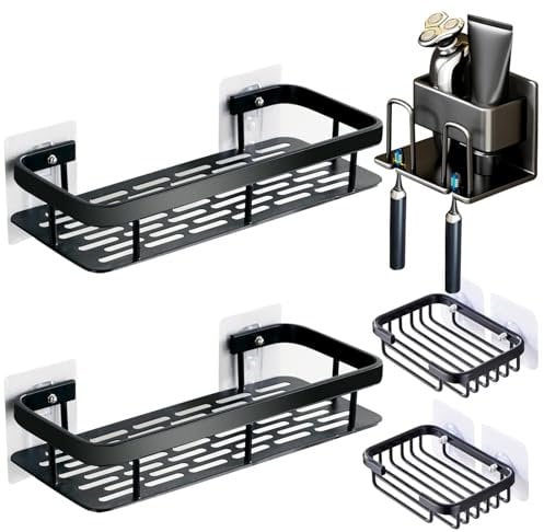 Bathroom Organizer 5-Piece Set - 2xShower Shelves + Soap Dish + Toothbrush Holder, Rustproof Stainless Steel Wall Mounted, No Drill Bath Storage for Shampoo (Adhesive & Hardware Kit Included)