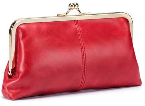 Karoukee Echtleder Große Geldbörse für Frauen, Vintage Damen Kuss-Schloss Portemonnaie, Elegante Handy Geldbeutel mit Reißverschluss Münzfach, Goldene Hardware, Rot