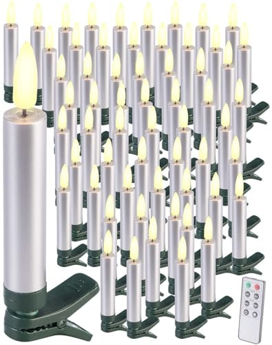 Lunartec Baumkerzen mit Batterie: 60er-Set LED-Weihnachtsbaumkerzen mit täuschend echter Flamme, Silber (Baumkerzen mit Fernbedienung, Kerzen kabellos mit Fernbedienung, Weihnachtsmann)