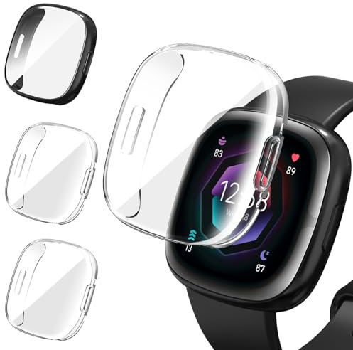 ivoler 3 Stücke Hülle mit Schutzfolie für Fitbit Versa 4 / Fitbit Sense 2, Vollständige Abdeckung Stoßfest Kratzfest Schutzhülle Ultradünne Weiche TPU Displayschutz Case, 2 Klar + 1 Schwarz