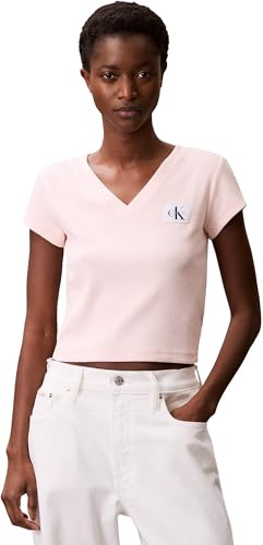 Calvin Klein Damen T-Shirt Kurzarm Woven Label Rib Tee mit V-Ausschnitt, Rosa (Cloud Pink), S