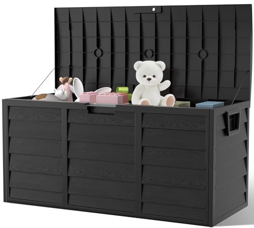The Fellie Garden Storage Box with Wheels, 290L Lockable Outdoor Storage Box Waterproof, Plastic Garden Storage Box for Garden Tools, Cushions, Toys, 112x49x54cm, Black