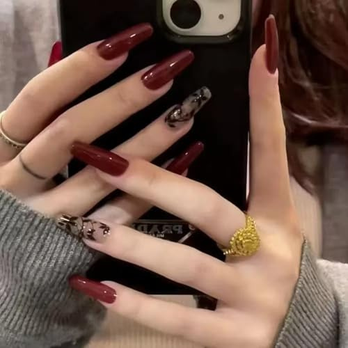 Ztcily Faux Ongles Long Rouge Noir, Faux Ongles French Cercueil avec Colle pour Femme, Accessoire ou Idée Cadeau Noël Nouvel An Saint Valentin Mariage
