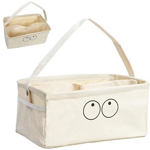 IHOMAGIC Desk Organiser, Fabric Storage Baskets with Pockets and Partition, 3 Compartments Craft Storage Bag with Handle, Portable Toiletry Bag, Small Basket for Storage Stationery, Cosmetics, Beige