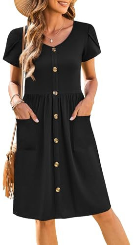 Zeagoo Women's Dress Short Sleeve Button Dress Summer V-Neck Dress Elegant Midi Dress Casual Sundress with Pockets Black M