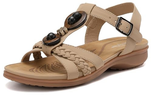 Littleplum Damen Sandalen mit Zwei Riemen und Schnalle Flach Bequem Sommer Sandaletten,Aprikose,39 EU